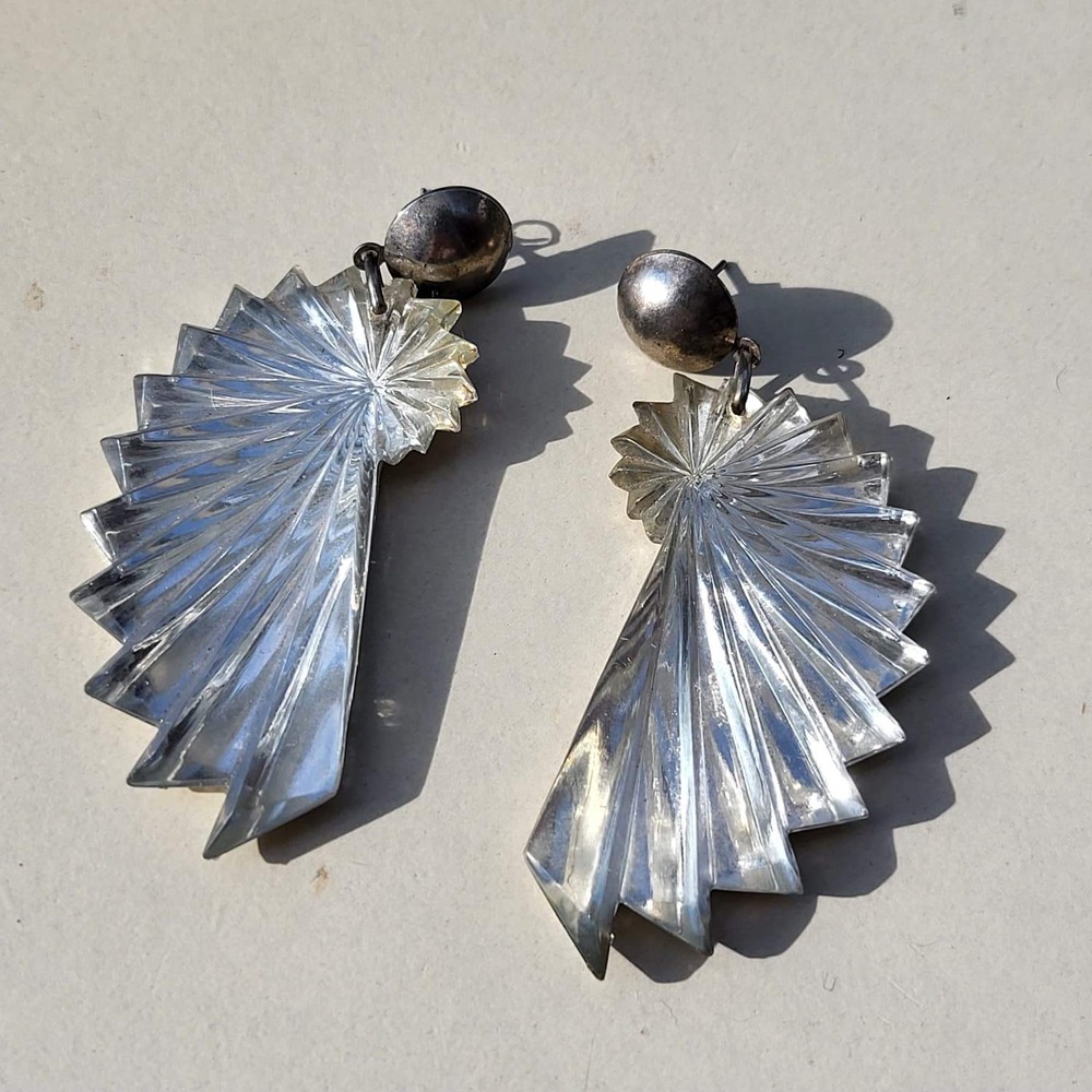 Vintage Acrylic Silver Fan Drop Earrings Large Clear Sunburst Art Deco Statement